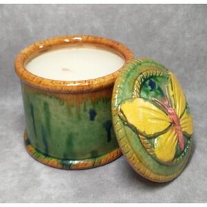 Dept 56 Hand-Painted Ceramic Candle Jar with Butterfly Lid Green Yellow